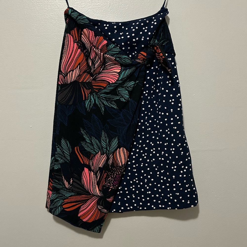 anthropologie floral & polka dot faux wrap midi skirt